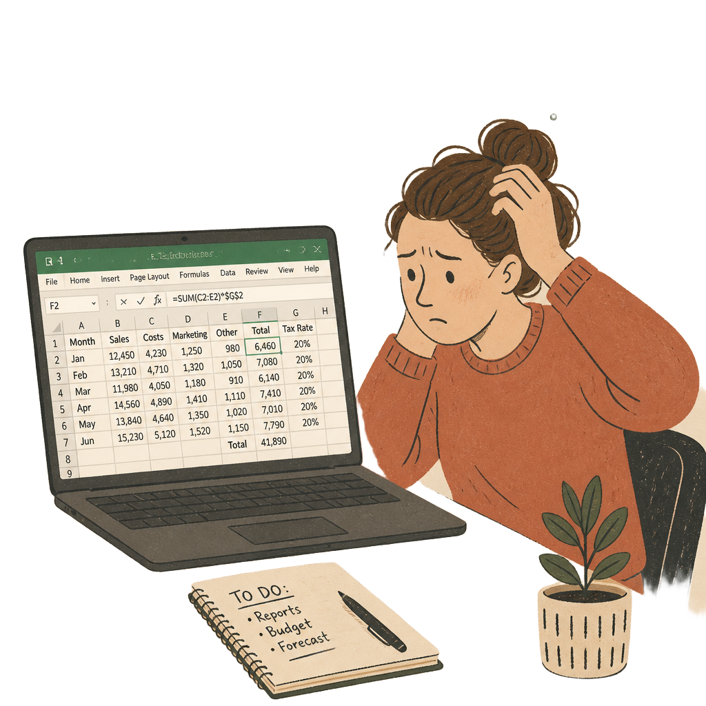 Illustrasjon av en person som ser forvirret ut foran et Excel-regneark