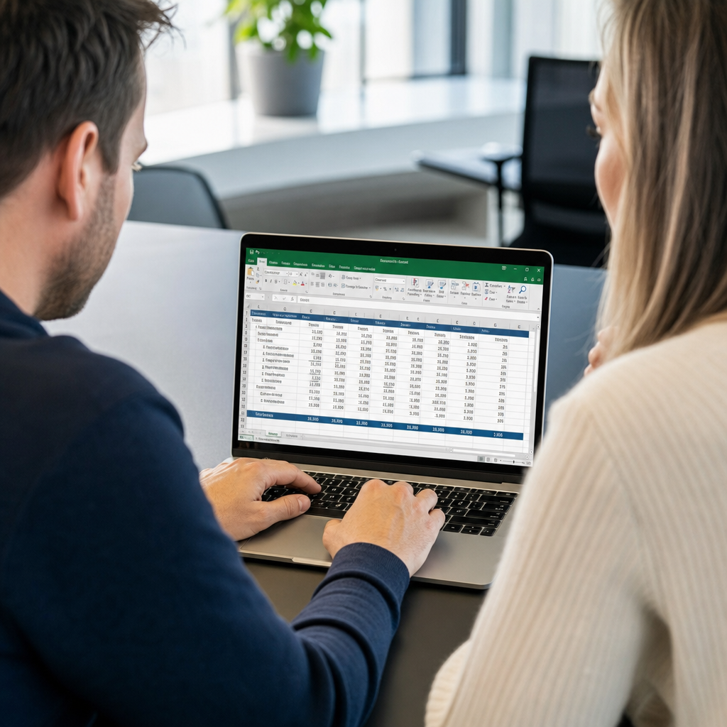 To kollegaer som jobber sammen med Excel på en laptop